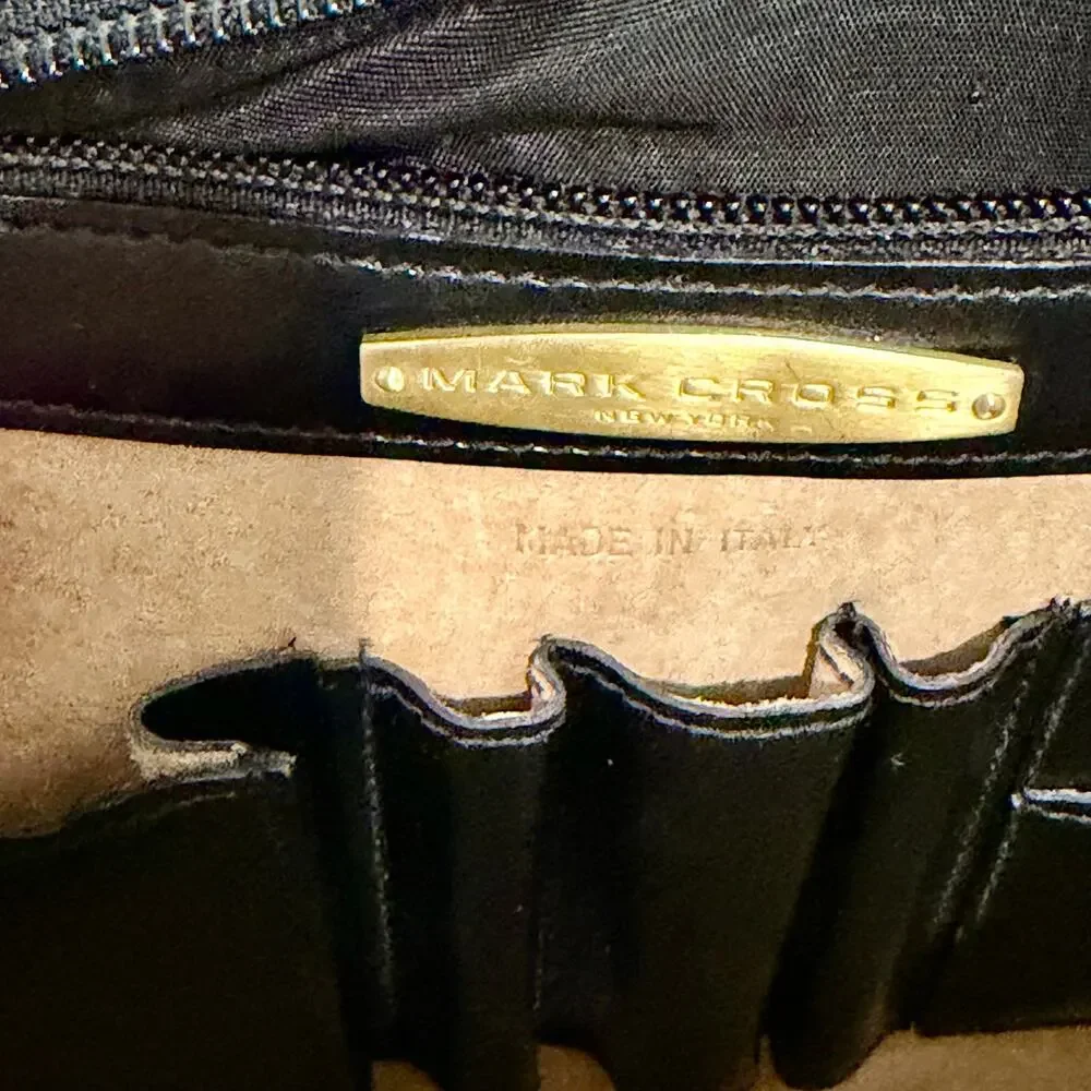 Vintage Mark Cross black lawyer accordion briefcase Italy strap brass hardware